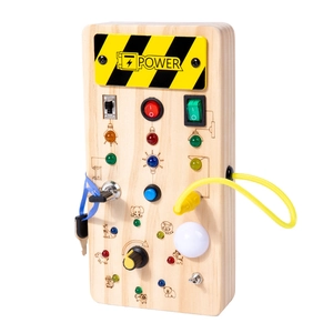 Educational wooden Montessori busy board with colorful LED lights and toggle switches