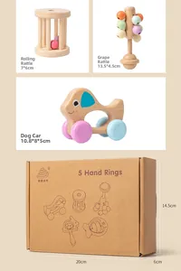 Detailed macro view showing dimensions of 5-piece macaron colored wooden baby rattles