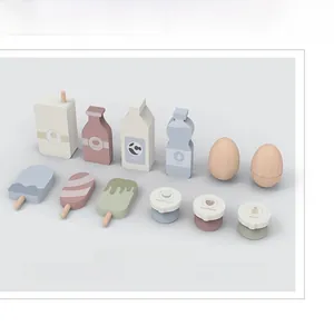 Detailed 12-piece set of wooden play food accessories for kids kitchen in soft macaron tones