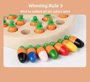 Detail of wooden base and six colorful radishes for memory chess game rules illustration
