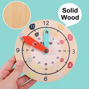 Educational wooden clock toy for kids to learn time with adjustable hands and hour scales