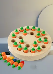 Detailed view of the wooden memory chess game with colorful mushroom carrots and base