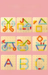 Nine creative patterns of colorful wooden montessori pegboard puzzle for early learning