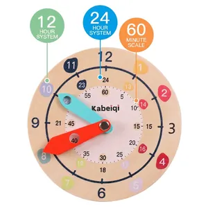 Wooden educational clock for kids with 12/24 hour display and colorful learning numbers
