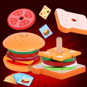 Educational wooden fast food play set with stacking burgers, sandwiches and order cards