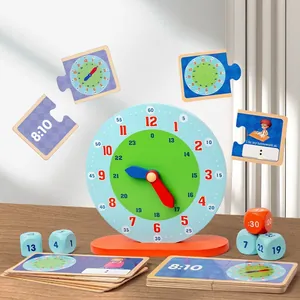 Educational wooden teaching clock with colorful time matching cards and number dice