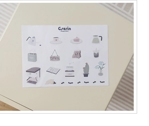 Close-up of Gserin Nordic hand-drawn stickers with coffee and dessert motifs
