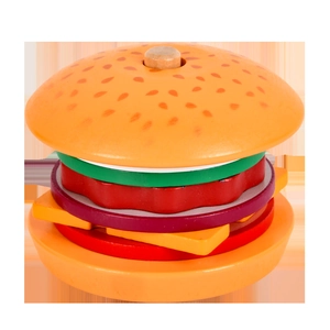 Miniature wooden hamburger play set with stackable multi-layer ingredients for kids