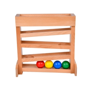 Montessori wooden visual tracking tower with four tiers and four colored rolling balls