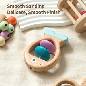 Handcrafted wooden baby rattle set with colorful beads and natural smooth finish