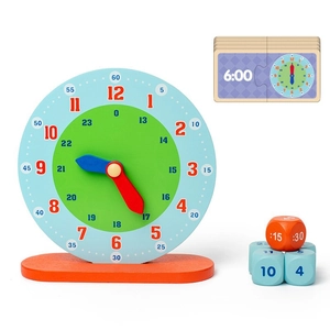 Educational wooden teaching clock toy with dice and time cards for kids time learning