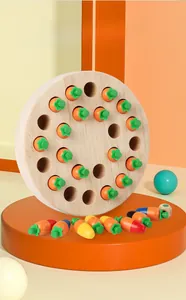 Macro detail of colorful wooden carrot memory chess pieces on a round timber game base