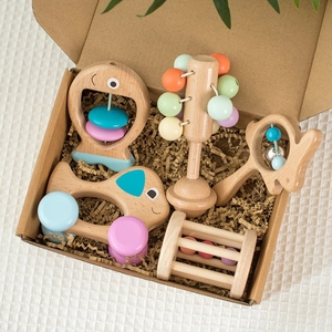 5-piece wooden baby rattle toy set with colorful beads and elephant car in gift box