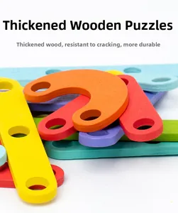 Close-up of thick colorful wooden puzzle pieces with smooth edges and durable texture