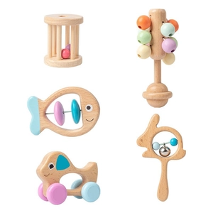 5-piece wooden baby rattle set with Montessori macaron colored toys for early development