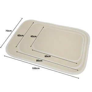 Size guide for beige Montessori work rugs in small, medium, and large dimensions