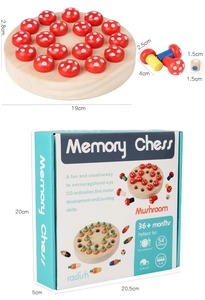 Detail of wooden memory chess game with mushroom pieces and product packaging dimensions