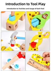Détails d'un ensemble d'outils en bois avec marteau, clé et blocs pour enfants