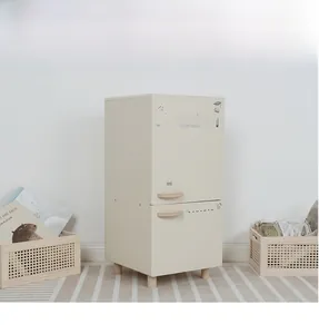 Detail of Nordic style toy wooden fridge with double doors and natural wood handles