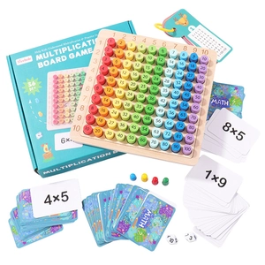 Educational wooden multiplication board game with 10x10 rainbow tiles and math cards