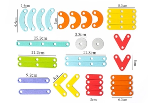 Detailed dimensions of colorful geometric wooden puzzle pieces in various lengths and shapes