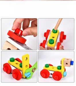 Détails de montage de la boîte à outils en bois avec écrous colorés et clé à jouet