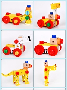 Détails de pièces de jouets en bois avec motifs animaux et vis en plastique coloré