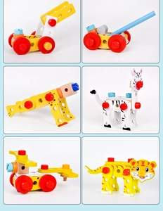 Vue détaillée de jouets d'animaux en bois DIY avec vis et écrous colorés pour enfants