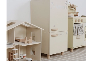 Detailed Nordic wooden kitchen playset with cream fridge and dollhouse for kids