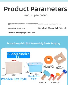 Vue détaillée d'un coffret d'outils en bois de 58 pièces avec liste des accessoires
