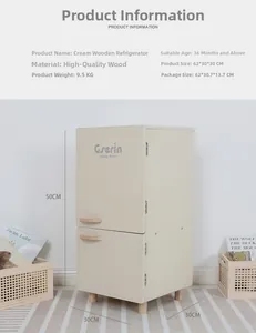 Detail view of cream wooden toy fridge with dual doors and minimalist Nordic style handles