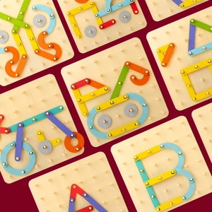 Educational wooden pegboard puzzle set for children with colorful geometric shapes