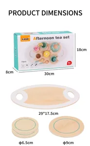 Detailansicht der 15-teiligen Holz-Tee-Set Maße mit Tablett und Tasse für Kinder