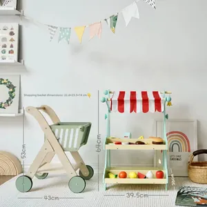 Detailansicht des Kinder-Verkaufsstands aus Holz und Einkaufskorb mit Maßen