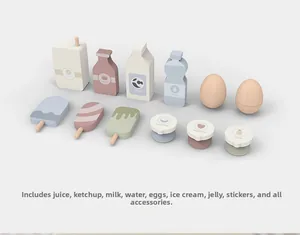 Detailed set of Nordic wooden play food including milk, eggs, and ice cream treats