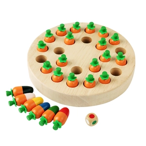 Wooden carrot memory chess game with colorful vegetable pieces and a round base