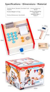 Detailansicht einer Spielkasse aus Holz mit Maßen und bunter Verpackung für Kinder