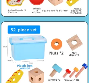 Vue détaillée du kit d'outils en bois de 52 pièces avec pièces d'animaux et boîte