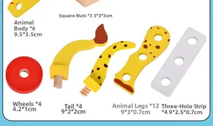 Détails des pièces de montage d'animaux en bois colorés avec dimensions précises