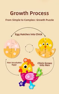 Detailed cycle of chicken growth on wooden puzzle showing egg to adult phases