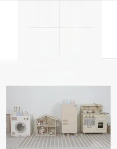 Detailed close-up of Nordic cream wooden kitchen play set with fridge and laundry