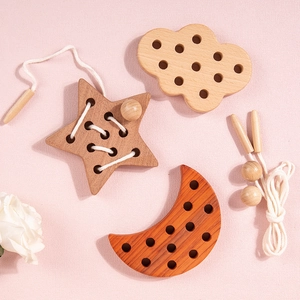 Educational wooden lacing toy set featuring star, moon and cloud shapes for kids