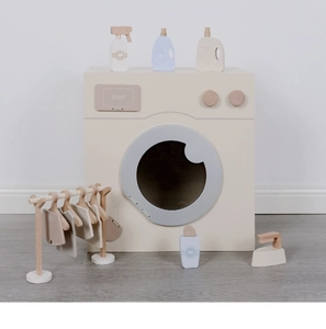 Nordic wooden laundry toy set with cream washing machine, clothes rack, and mini iron