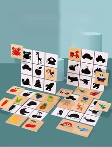 Macro view of wooden shadow matching puzzles with animal and fruit shapes for kids