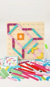 Close-up of wooden Montessori geometry pegboard with colorful strips and guide cards