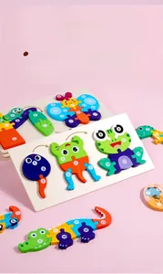 Detailed view of tiered wooden animal puzzles with colorful numbered pieces for learning