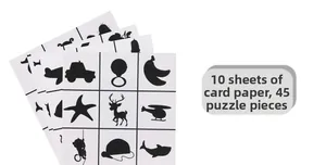 Educational shadow matching puzzle set with 10 cardstocks and 45 black silhouette pieces
