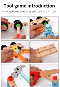 Vues détaillées du jeu d'outils en bois avec marteau, scie et vis colorées pour enfants