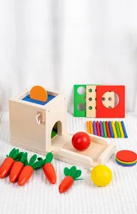Macro detail of Montessori 4-in-1 wooden toy with carrots, coins and color matching sticks