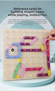 Wooden geoboard puzzle with colorful blocks forming a rabbit shape and reference cards